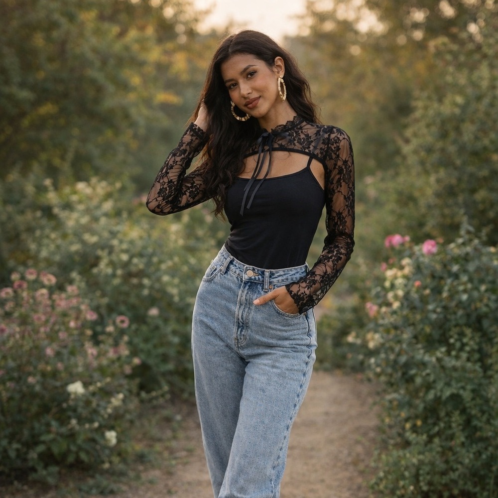 Black Sheer Lace Cutout High Neck Top S M L
